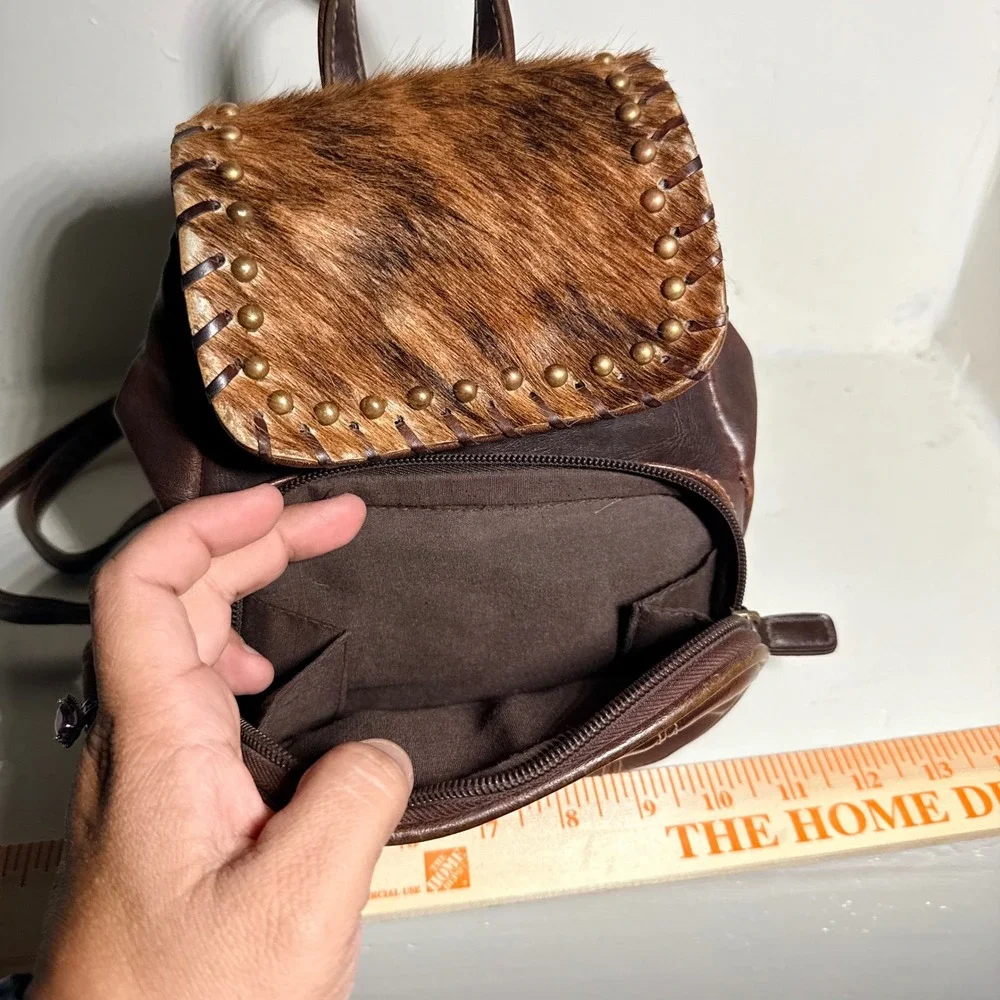 Mini Backpack Western Cowhide Fur Studded Leather Brown Small